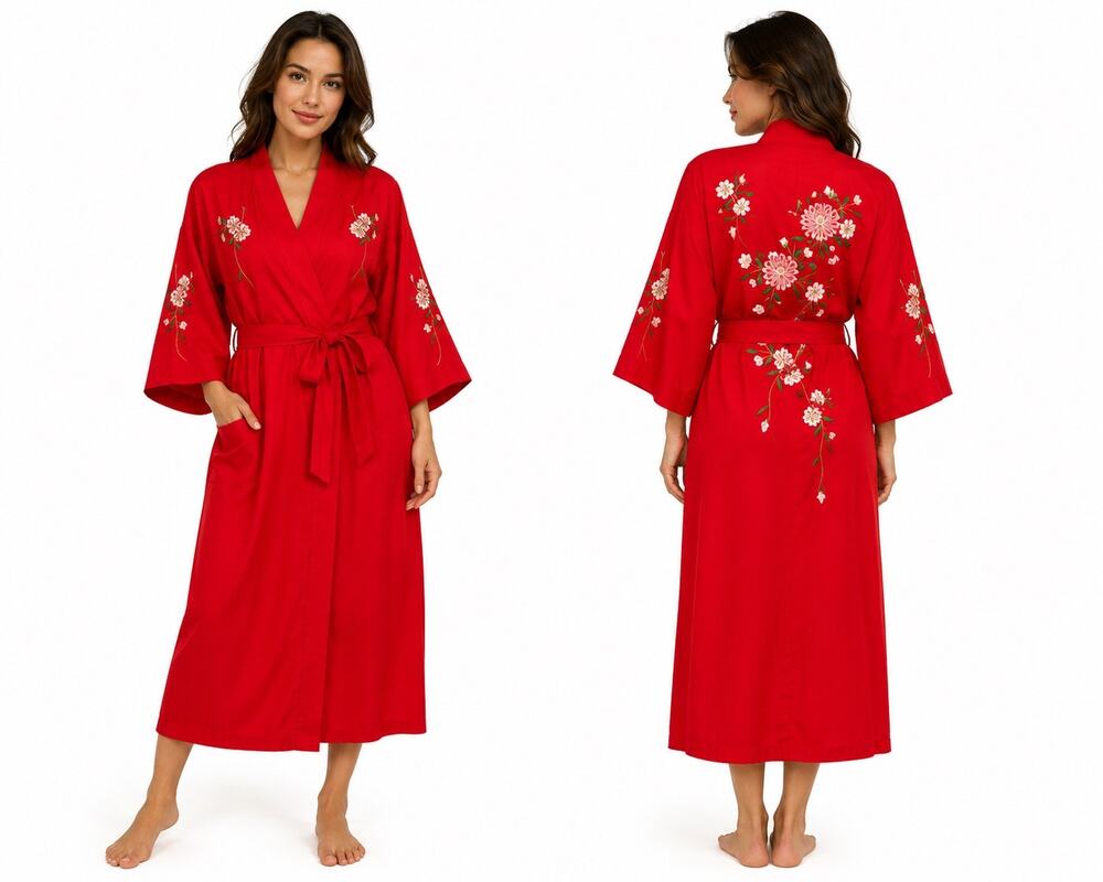 Vintage Japanese Embroidered Kimono Robe Red Floral Long Jacket Belt Unisex OSFM